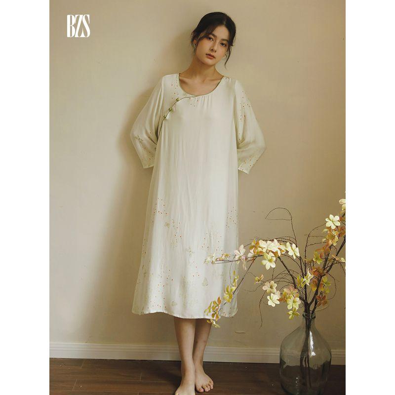 2024 Rayon Satin Plain and Elegant Print New Chinese Style Women's Long Sleeves Home Wear Can Be Outwear National Style Nightdress