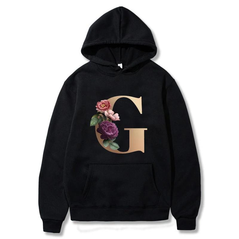 A B C D E English Alphabet Printed Female Hoodie Women New Autunm Couples Lovers Long Sleeve Hoody Harajuku Casual Black Tops