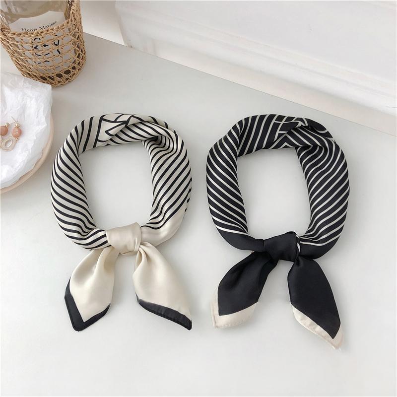 Luna&Dolphin Женский ретро солнцезащитный маленький шелковый шарф 55x55 см бежевая полоса — фото 4