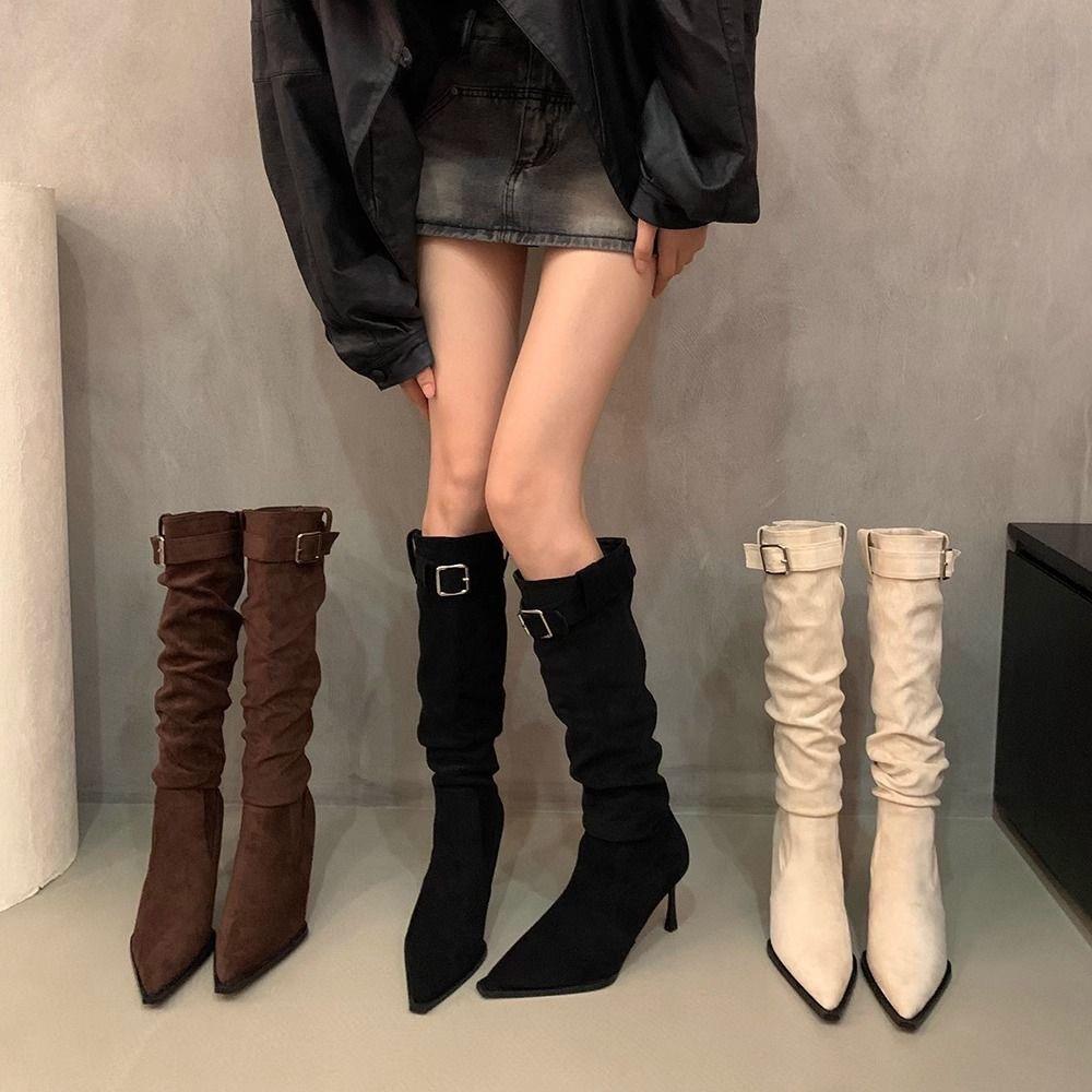 Westlicher Stil spitze Stiefel gestapelte dünne Stiefel Stiefel hohe Absätze gefaltete Stiefel Gürtelschnalle