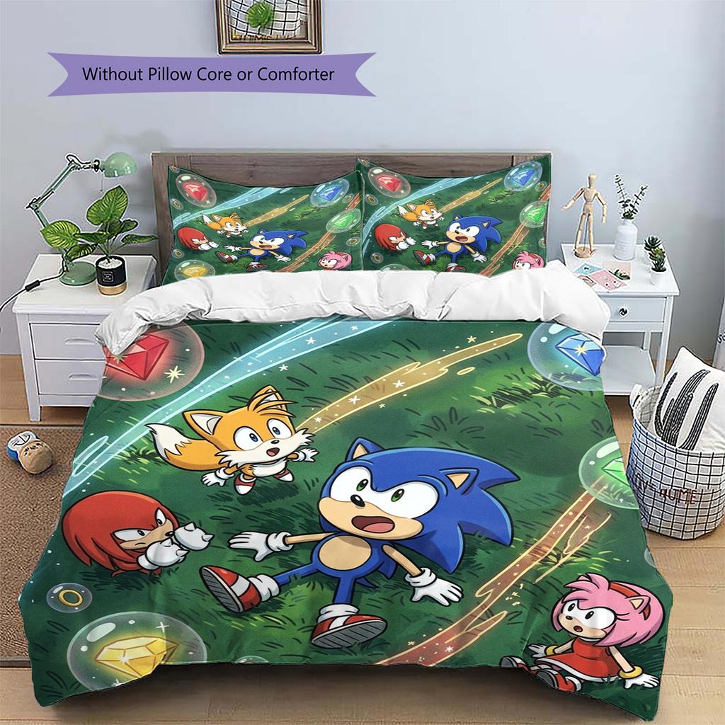Hedgehog Sonic Pattern Bedding Quilt Set Quilt Cover Pillowcase Home Decoration Birthday Gift (1 * Duvet Cover + 2 * Pillowcase, Without Core)