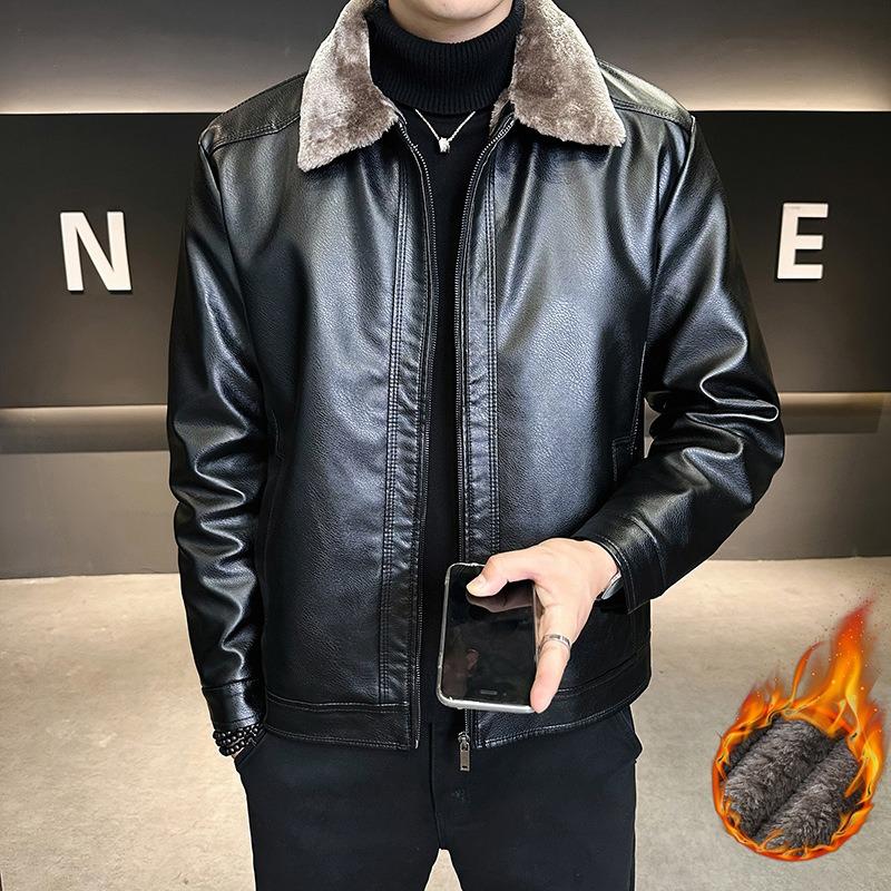 Thickened Fleece Leather Jacket Leather Men's Leather Jacket Autumn and Winter Locomotive Clothing Casual Loose Lapel Jacket Men