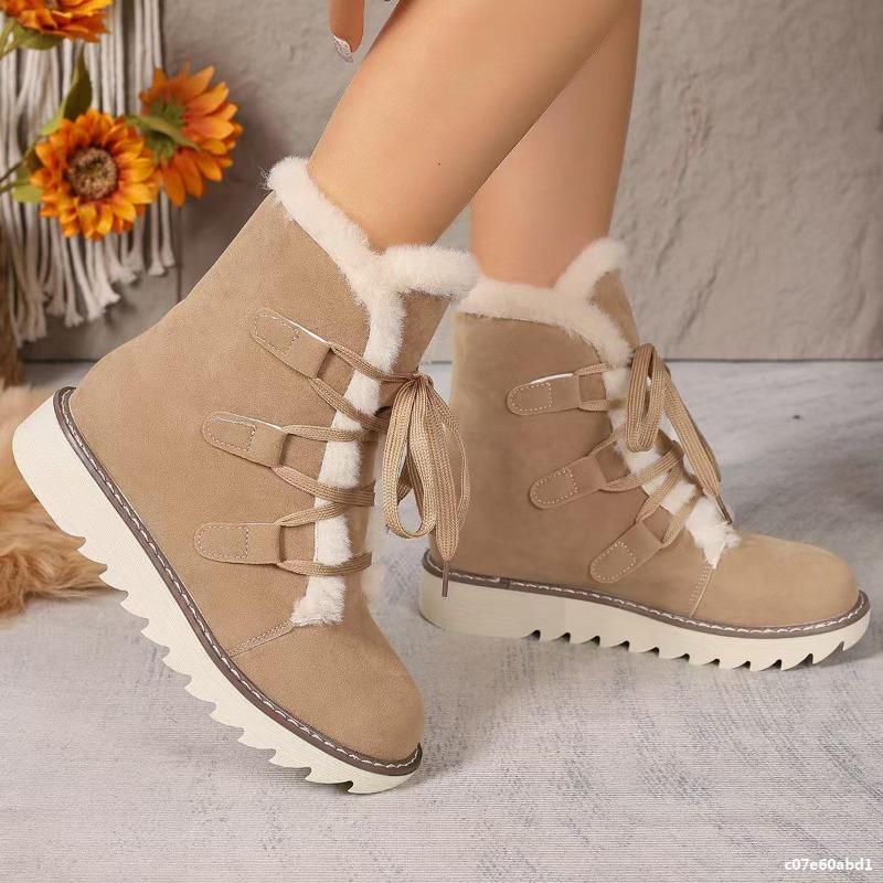 Foreign Trade Large Size Snow Boots Women Wear In Winter, New European and American Lace-up Thick-soled Velvet Thickened Snow Boots Women