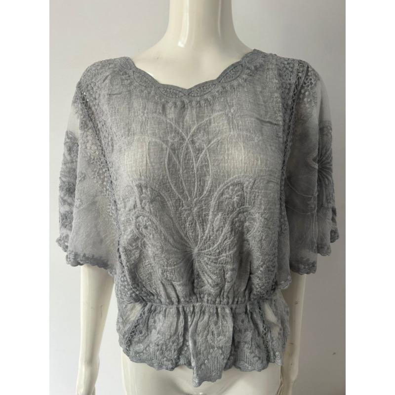 Nuova Moda Pizzo Estate Camicetta Donna Manica Corta Larga Camicia Manica a Pipistrello Top Larghi da Donna Scollo a O Tinta Unita Elegante Slim Fit Abbigliamento da Ufficio