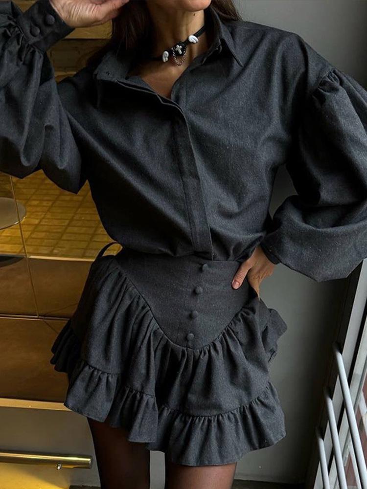 Set Cămașă cu Guler Turn-Down Europeană și Americană Cross-Border Primăvară/Vară 2025 și Mini-fustă cu Volane la Tiv