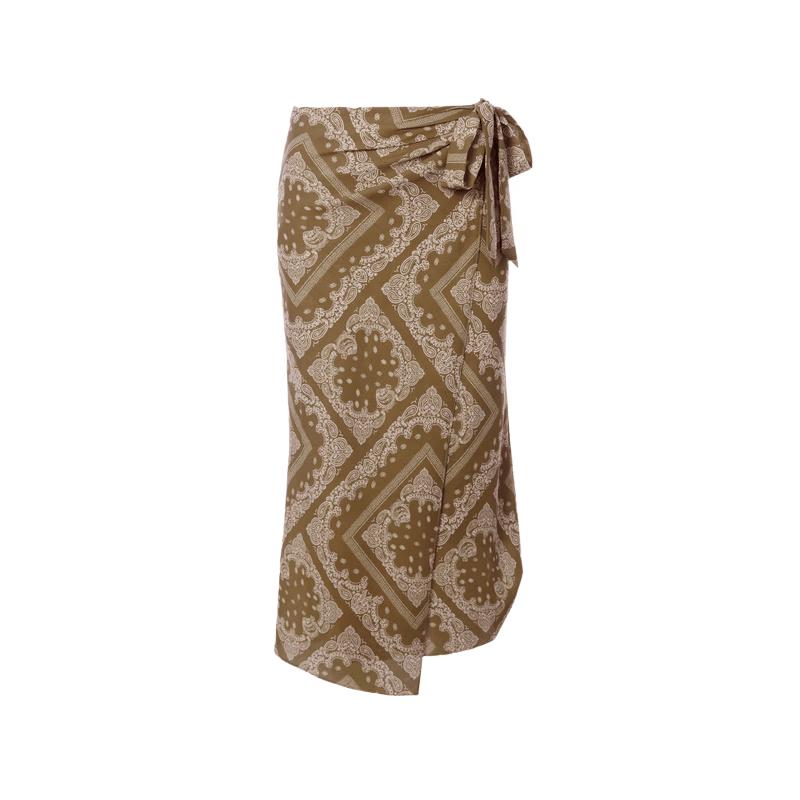 Langzi 25 Retro French Print Wrap Skirt L оливковое зеленый