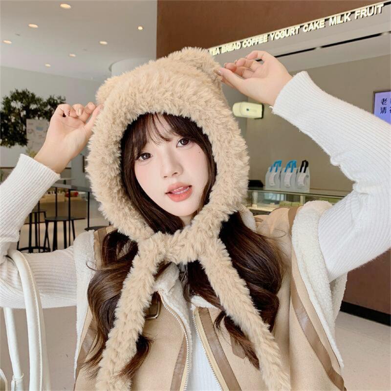 Hat Women's Autumn and Winter Plush Bear Hat Korean Version Versatile Warmth Showing Face Small Ear Protection Sweet Pullover Hat Sweet Style