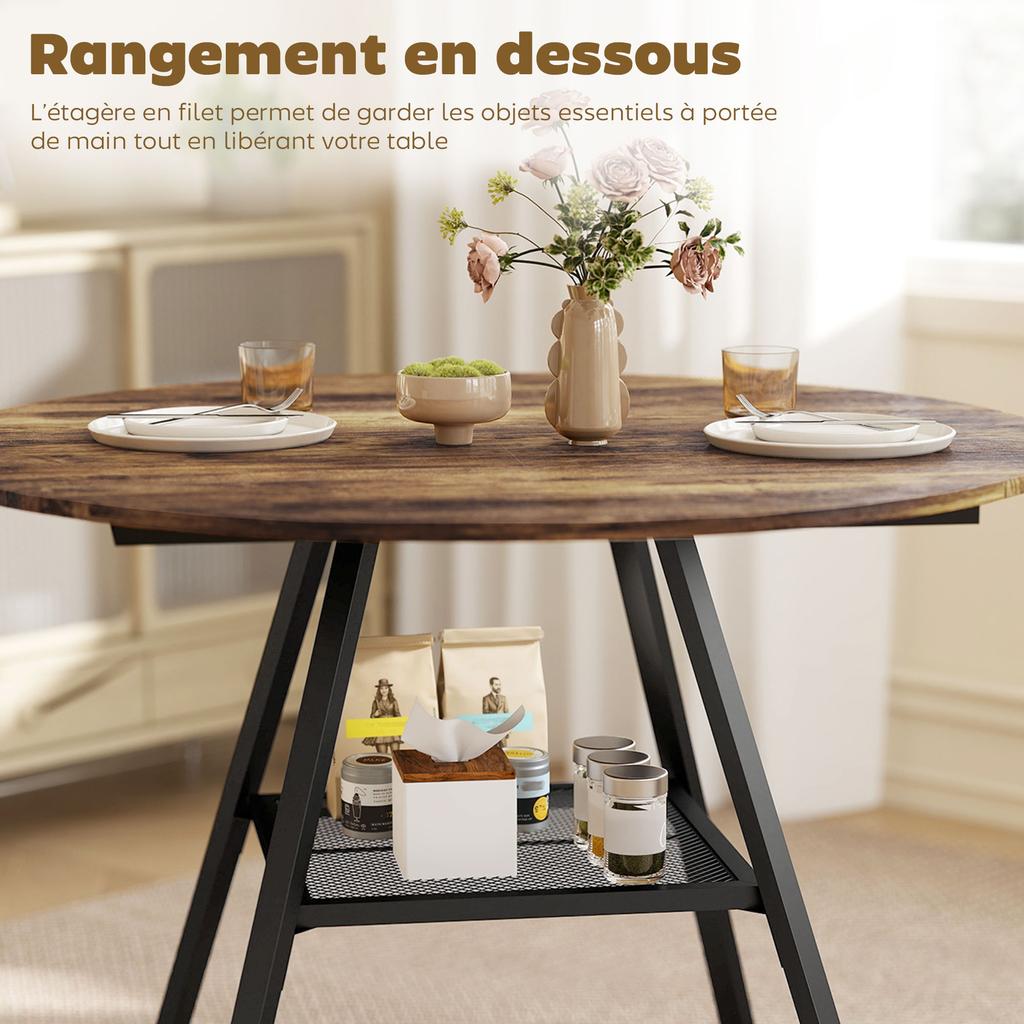 Round Dining Table for 4, 100 X 76 Cm, Shelf, Rustic Brown