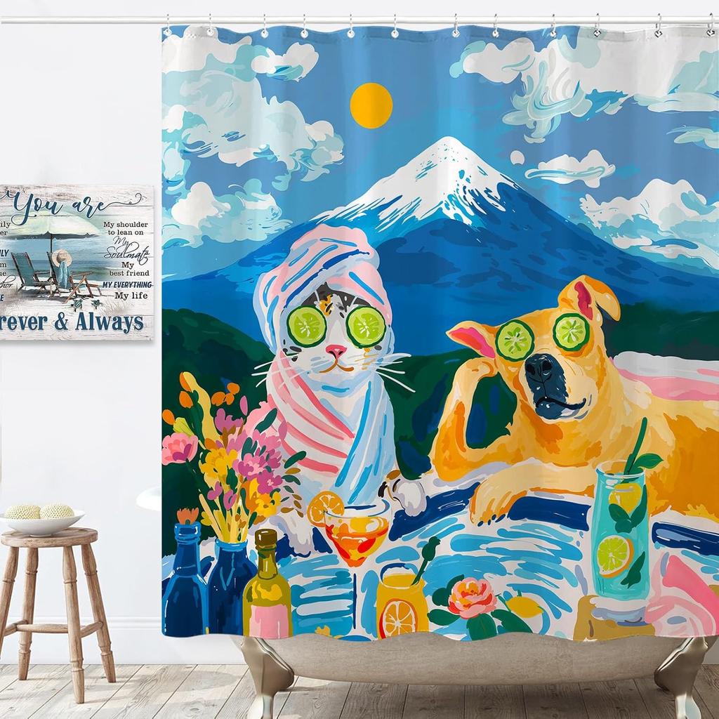 Spa Cat Shower Curtain Set Relaxing Pool Scene Waterproof Bathroom Shower Curtain Humorous Feline Art Print Retreat Home Decor