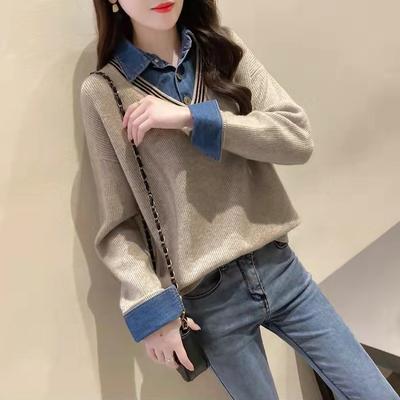 İlkbahar ve Sonbahar kadın Patchwork Denim Gömlek Yaka Sahte Iki Parçalı Kazak Gevşek Kazak Örgü Kazak Uzun Kollu Üst