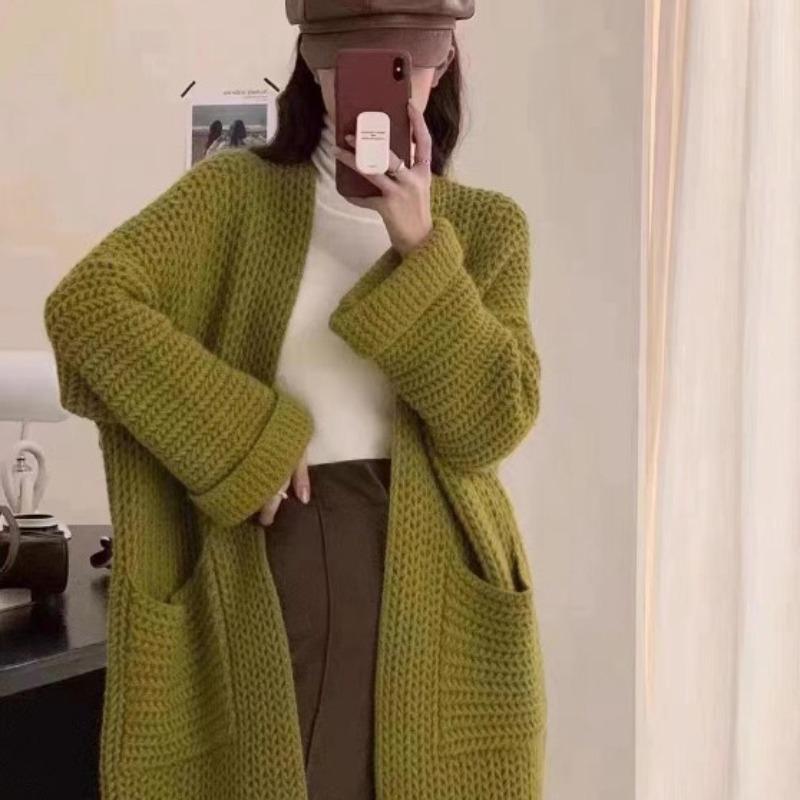 Spring and Autumn New Medium and Long Sweater Women's Coat Solid Color Knitted Cardigan Lazy Wind Thin Women's Thick Clothing