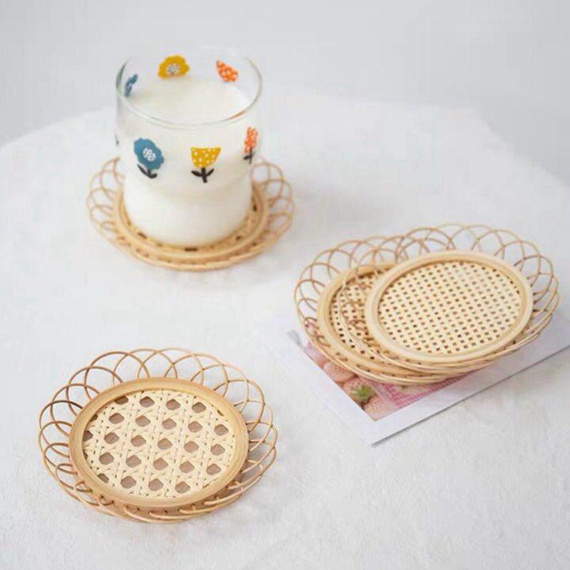 Handmade Rattan Woven Tea Trays Laciness Cup Holder