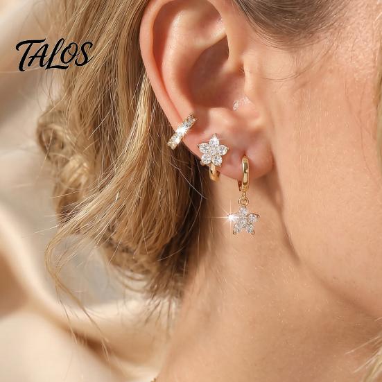 Gold Plated Hoop Earrings for Women 3 Pairs Star Zirconia Flower Drop Earrings, Minimalist Dangle Versatile Earring Set Daily Wear Women,