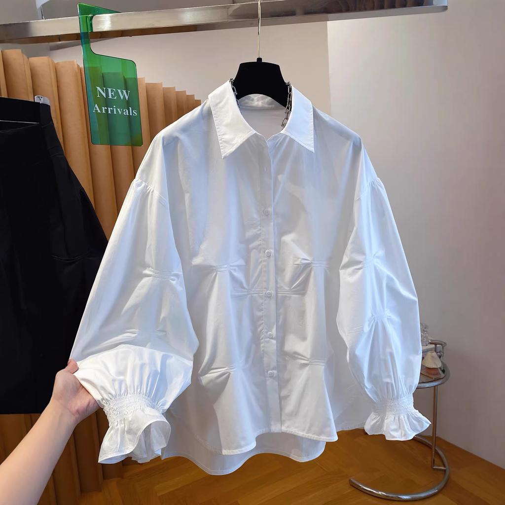 White Lantern Sleeve Shirt Women's 1116 Spring Pleated Shirt Design Sense Niche Loose Doll Shirt Long Sleeve Top