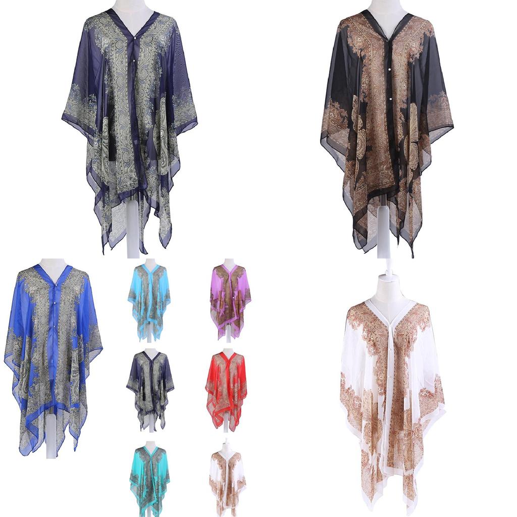 Elegant 2018 Women Chiffon Blouse Coat With Boho Floral Design For Beach Cover Up