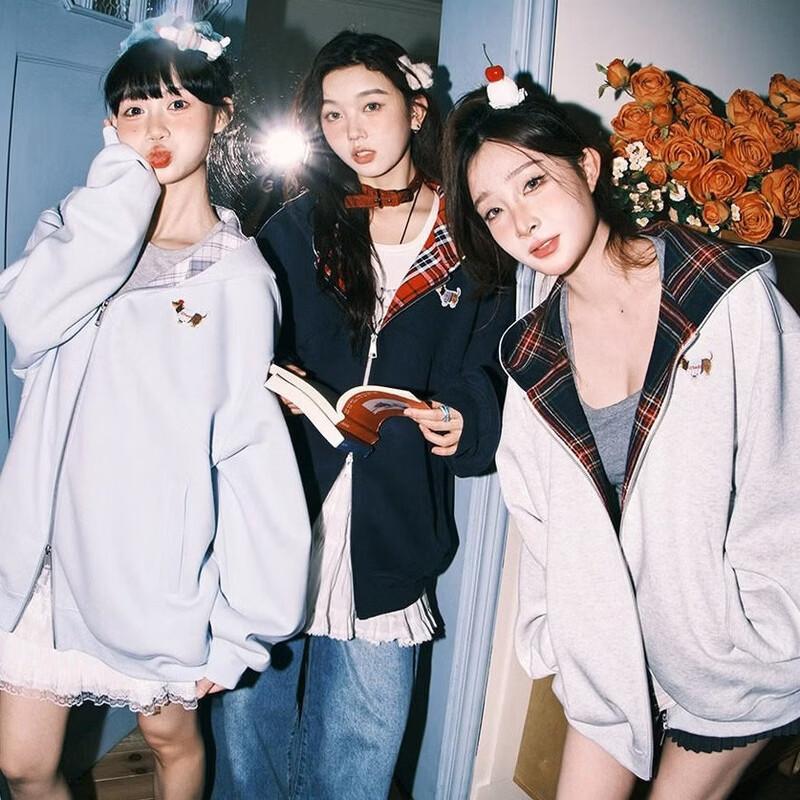 LEMANISM Dachshund Plaid Hooded Zip-Up Jacket