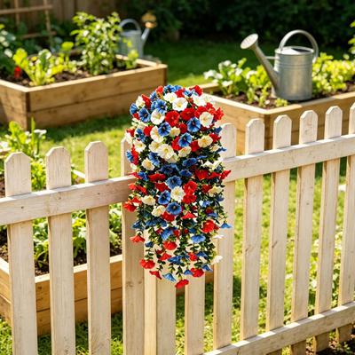 Patriotic Red White Blue Hanging Flowers Artificial Morning Glory Flower Vine UV Resistant Fake Plants for 4th of July Memorial Day Independence Day