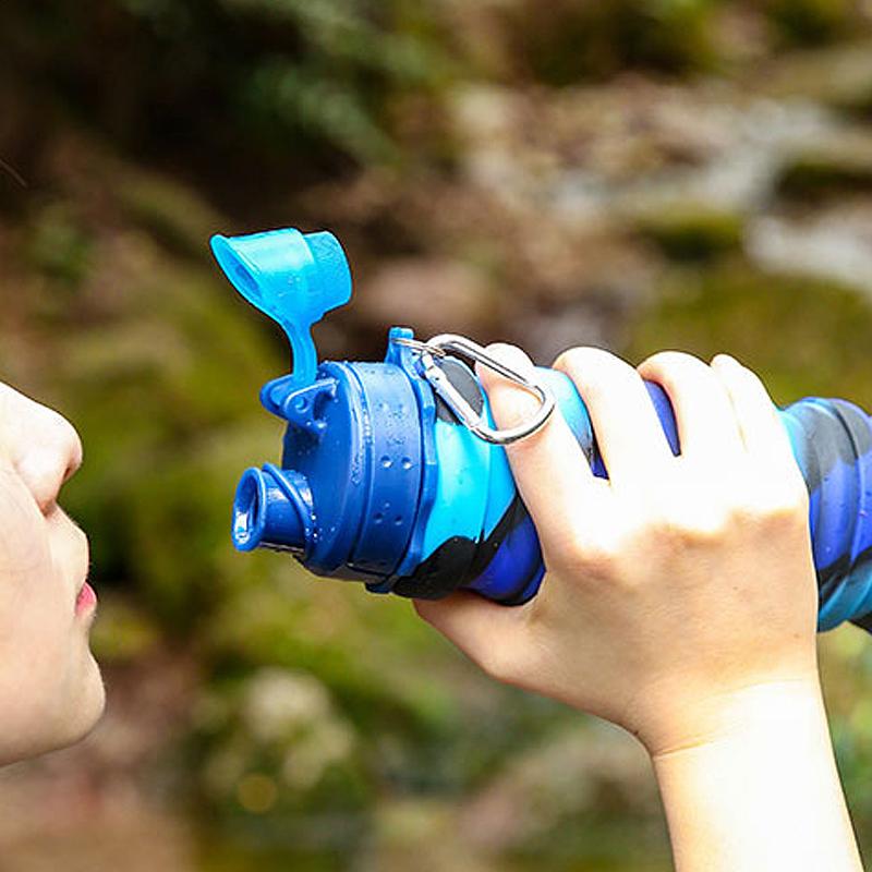 Portable Collapsible Silicone Water Bottle With Lid Camouflage Foldable Kettle For Sports Travel Drinking Cup With Carabiner Cup