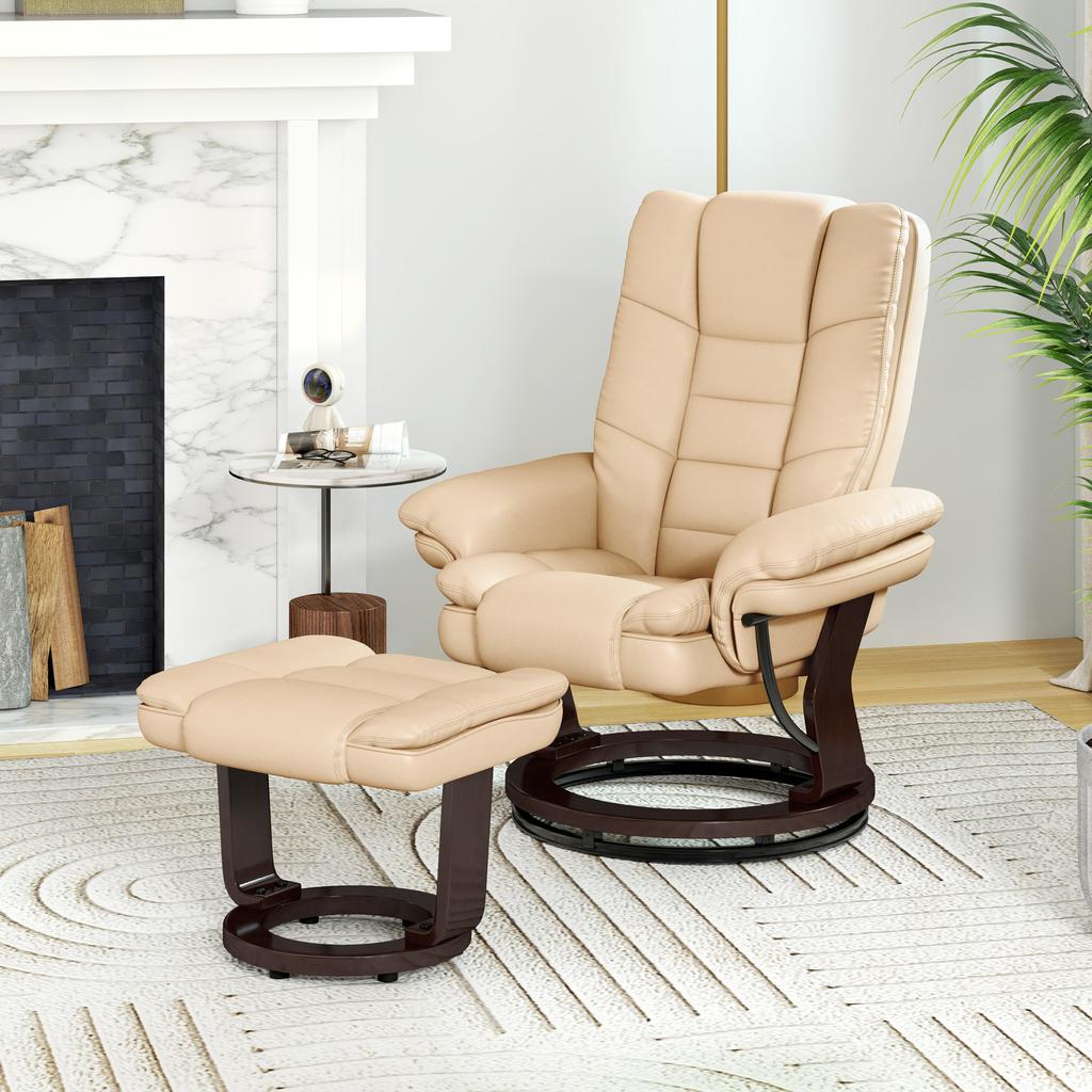 Faux Leather 135 Degrees Reclining Chair and Footstool - Beige