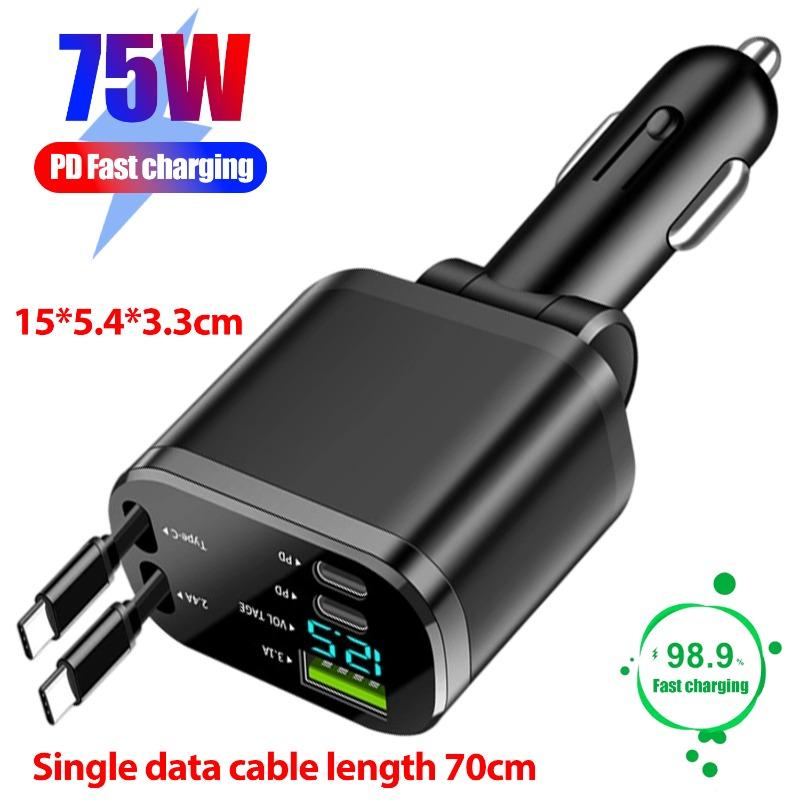 

5 in 1 Retractable Car Charger 75W Fast Charging 12-24V Voltage Digital Display Dual Cables for IPhone & Android