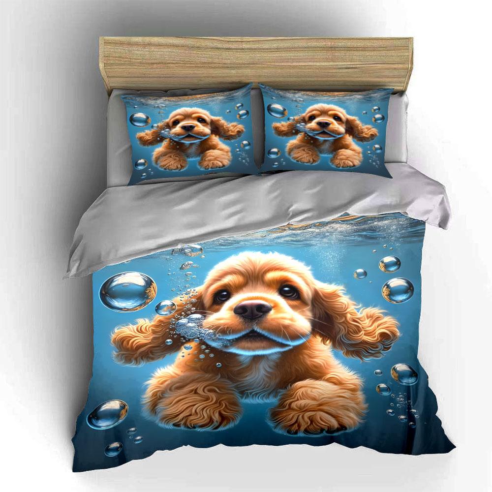 Speelse Puppy Onderwater Avontuur Prachtig Drie-Delig Beddengoed Set Cadeau Voor Kinderen En Volwassenen EU Twin 135X200cm&set