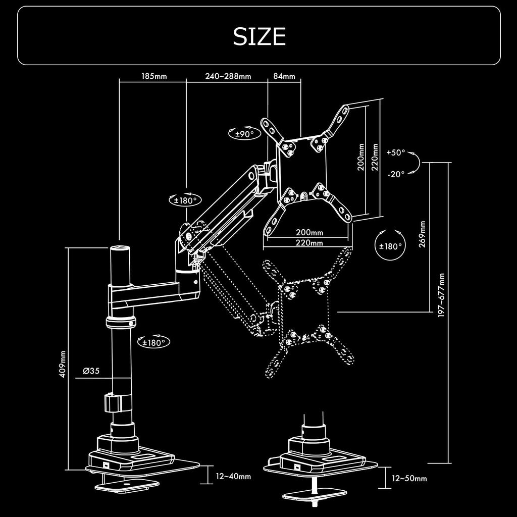 Bauhutte Tough Monitor Arm Inches Load Capacity Gas Pressure Type Compatible with VESA Standards Reinforcement Plate Included Black Display Arm Gaming