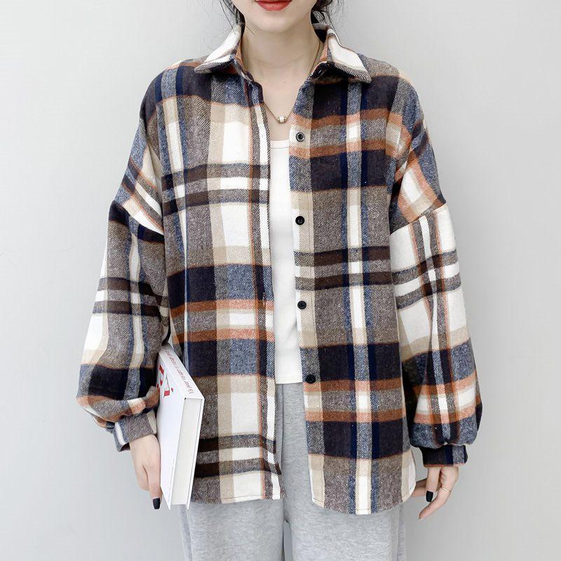 Damen Verdicktes Gebürstetes Karoshirt: Lockere Passform im koreanischen Stil, figurschmeichelnde Langarmbluse für Herbst und Frühling.