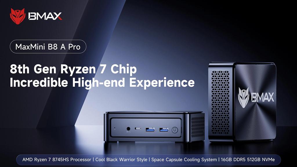 BMAX B8A Pro AMD Ryzen 7 8745HS Processeur AMD Radeon 780M 16GB 512GB SSD Windows 11 WiFi Bluetooth USB HDMI Type-c
