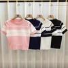 Black and White Color Clash Striped Short-sleeved Knit Sweater Female Summer Versatile Bubble Sleeve Versatile Top Thin Casual Slim Fit Pullovers Tees