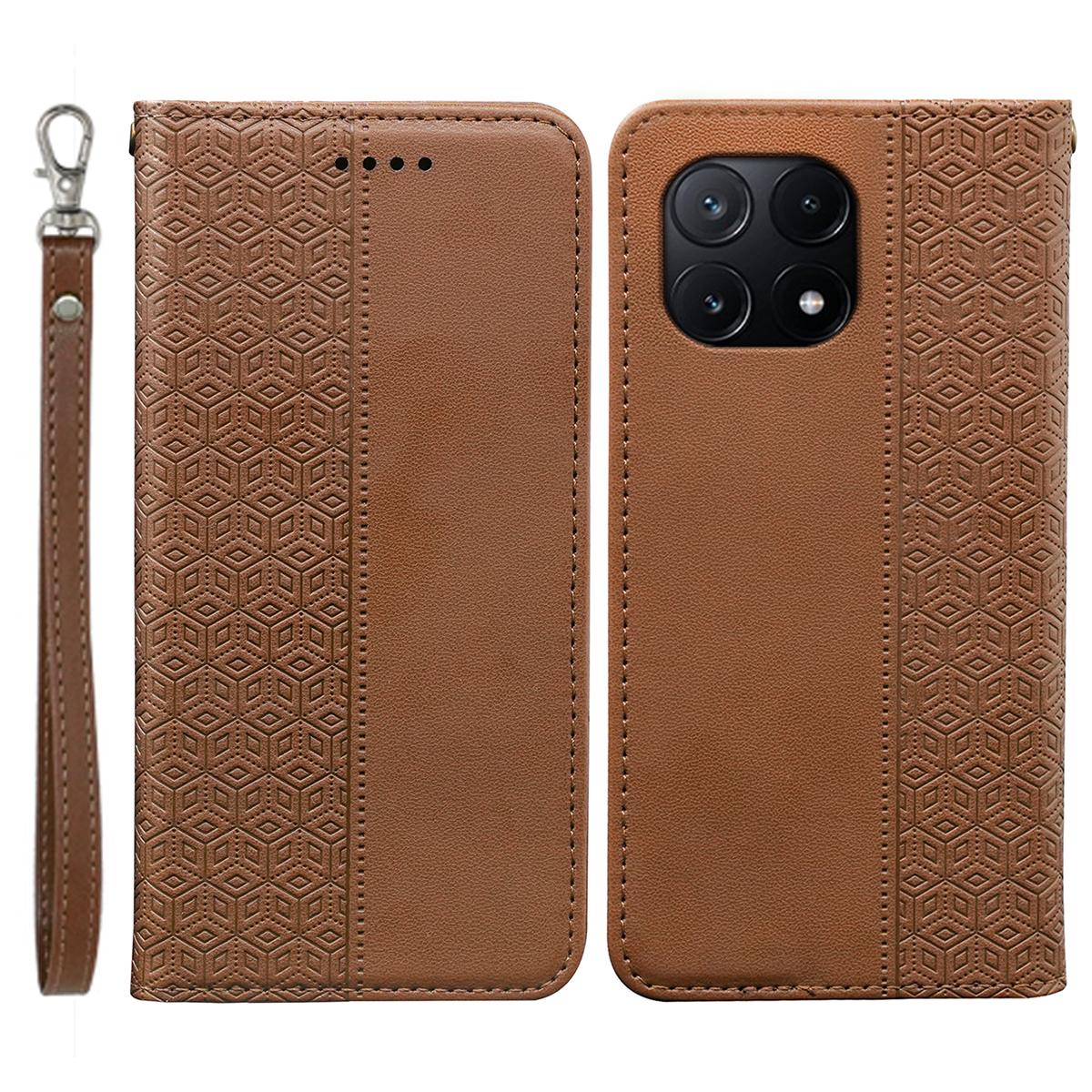 

For Xiaomi Poco X6 Pro 5G/Redmi K70E 5G Wallet Phone Case Strong Magnetic Checkered Pattern Imprint Leather Flip Cover Brown