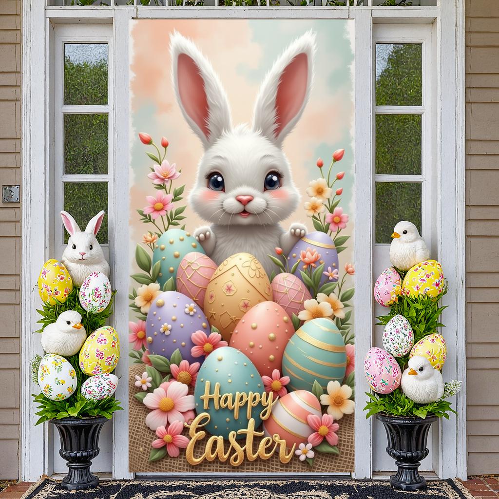 Easter Celebration Banner White Bunny Happy Easter Banner Floral Easter Backdrop Egg Patterns Spring Floral Background For Kids