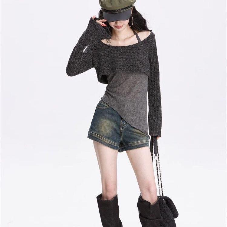 Y2k Off Shoulder Knitted Women T-shirts Set Sexy Korean Style Asymmetric Halter Tops Gyaru Crop Long Sleeve Autumn Tees