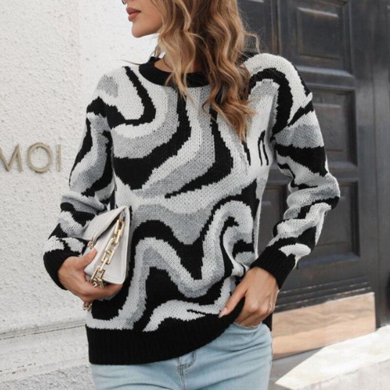 Herbst Tie-gefärbt Gestreiften Gestrickten Pullover Pullover Frauen Winter Langarm Pullover Rundhals Lose Vintage Jumper Pullover 29385