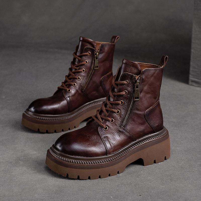 Fashion GKTINOO 2025 Cow Leather Quality Women Shoes Autumn Winter Square Med Heel Ankle Boots Lace Up Zipper Ladies Pumps Size 35-40