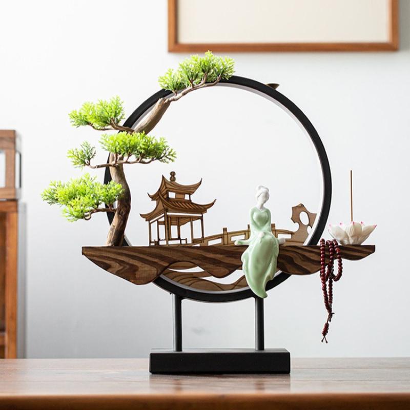 Großer chinesischer Rückfluss-Räucherbrenner mit USB-LED-Lichtring Nette Dame Keramik Heimdeko Ornamente Kiefer Zypresse
