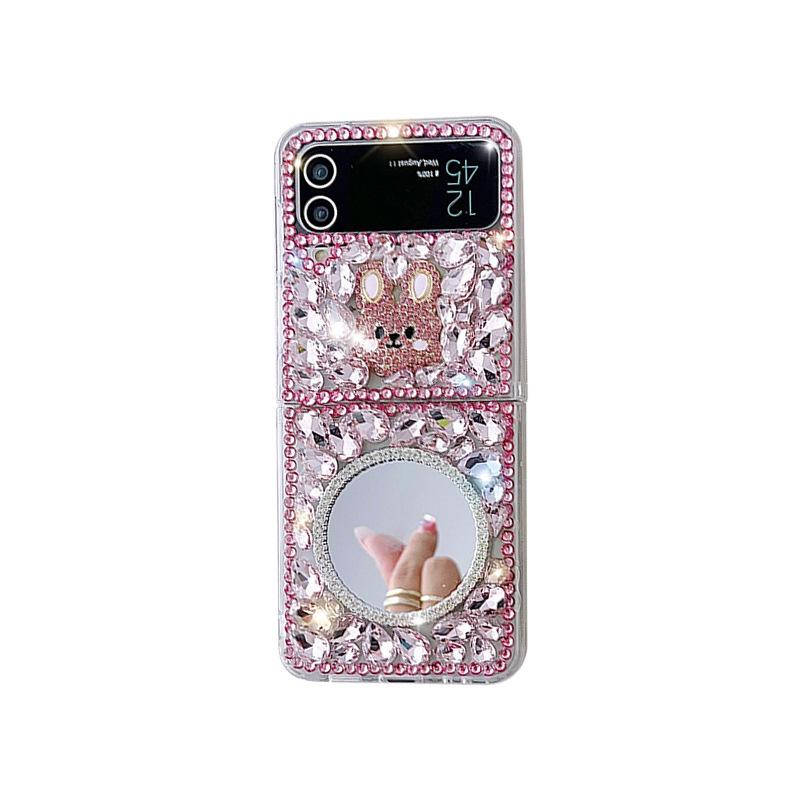 For Korea for Samsung Zflip4 Mobile Phone Case Luxury Full Diamond Cat Flower Glass Mirror Ins Style Bunny