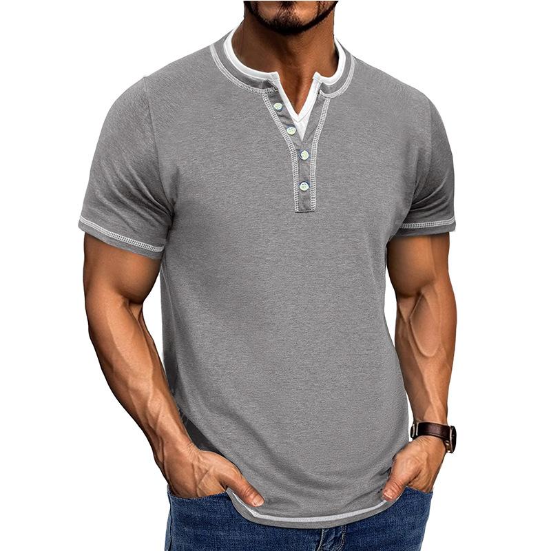Simple Business and Casual New Style Men's Short-sleeved Color-blocking Fake Two-piece Henry Shirt Men's V-neck T-shirt