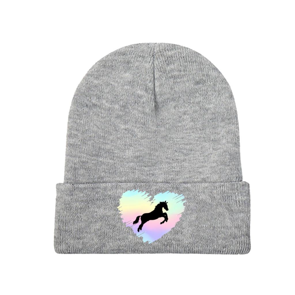 Pferdeliebhaber-Regenbogen-Herz-Strickmütze für Damen, Unisex, Skullies-Mützen, Herbst-Winter-Mützen, Hip-Hop-Kappen