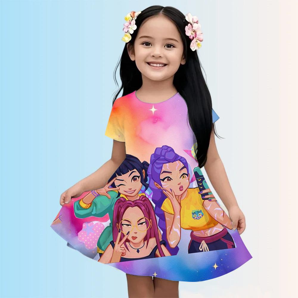 

Детские платья-футболки с принтом KPop Demon Hunters, повседневное платье для девочек, детская милая одежда с котиком для 1-10 лет, летнее удобное 110