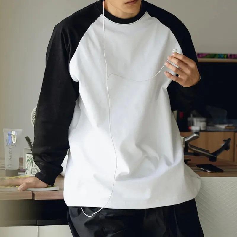 Spring Autumn Round Neck Loose Casual Sweatshirt Male Long Sleeve Patchwork T-shirt Men Cotton Pullover Tee Top