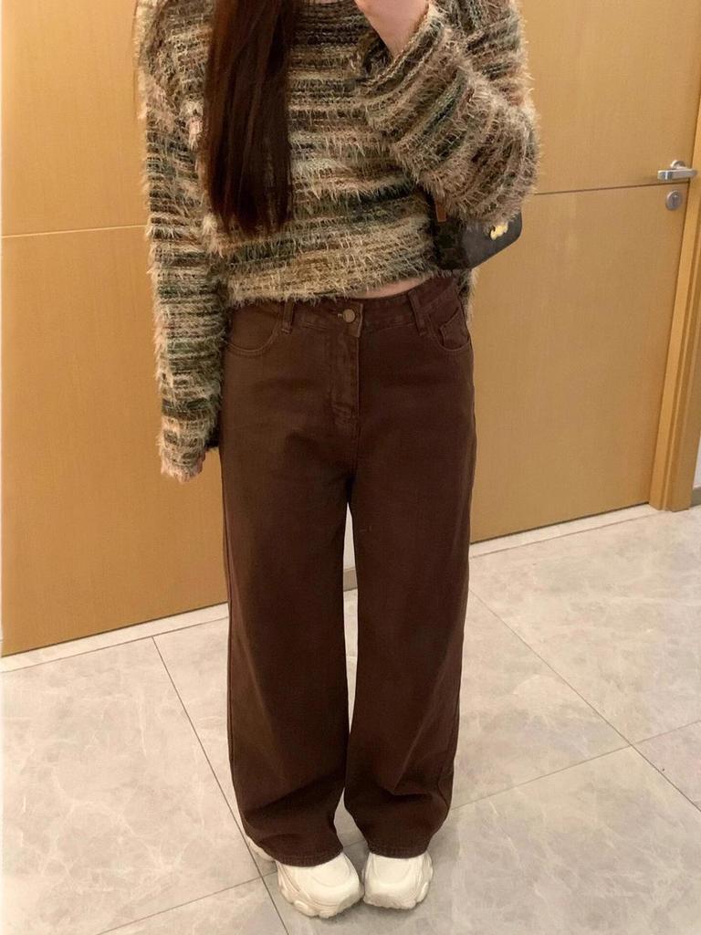 Melanoid Brown High Waist Wide-Leg Jeans for Women - Autumn/Winter Velvet Lined Floor-Length Pants