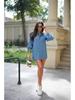 New Women's Fashion: Simple Solid Color Washed Denim Mid-Length Long Sleeve Shirt