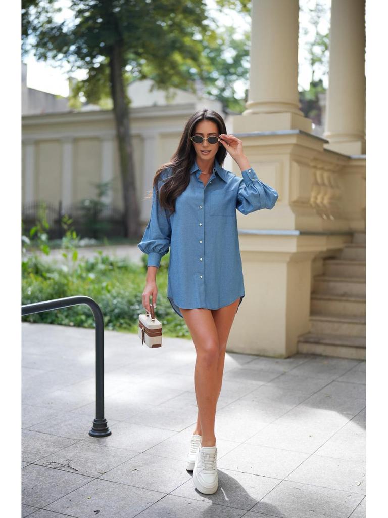 New Women's Fashion: Simple Solid Color Washed Denim Mid-Length Long Sleeve Shirt