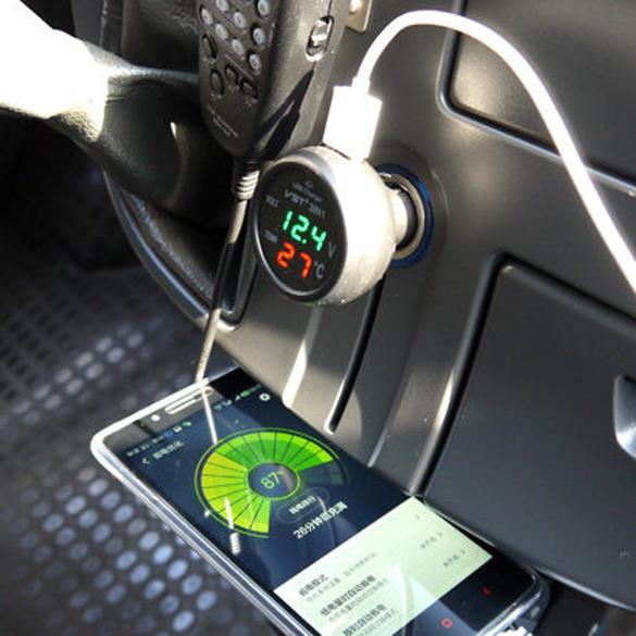 Car Voltmeter Tester 3in1 Digital Voltmeter Thermometer Blue Red LED Display 12/24V 2.1A Cigarette Lighter USB Car Charger