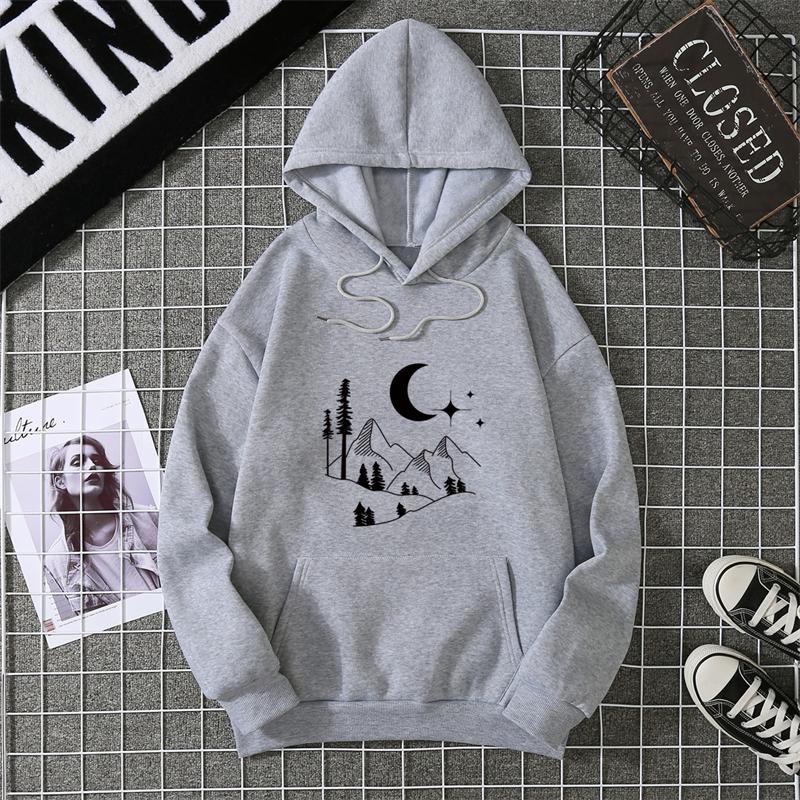 Autumn Winter Crescent Moon Pendant Printed Hoodie Sweatshirt Unisex Casual Style Top Korean Trend Couple Matching Shirt CYXX335