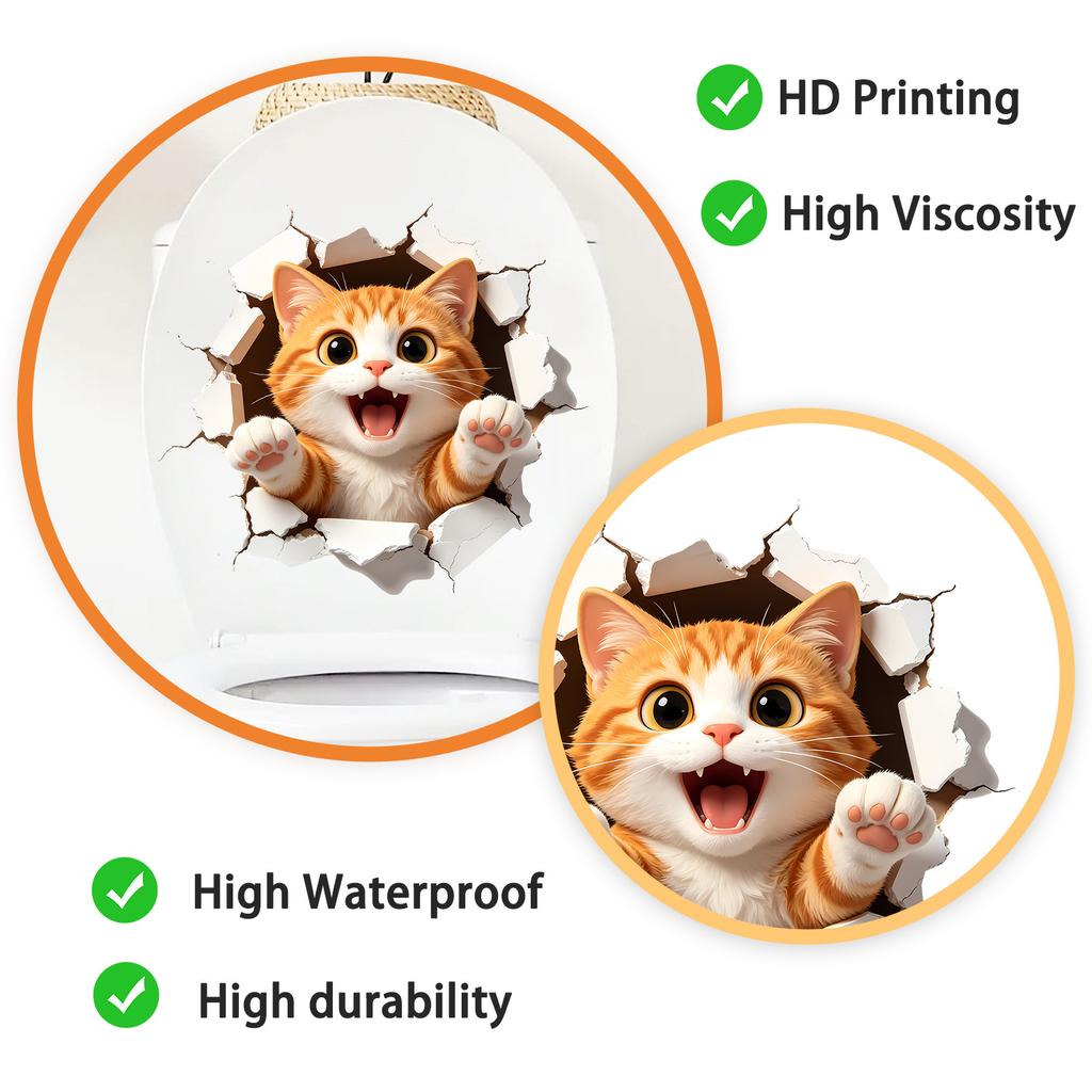 Cute Orange Cat Breaking Through Wall Self Adhesive Toilet Tank Sticker Waterproof