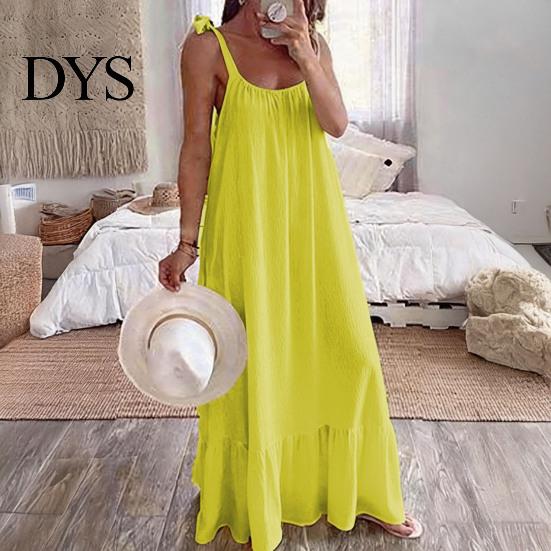 Loose Fit Summer Dress Women's Casual Tie Shoulder Sleeveless Square Fresh Natural Look Neck Maxi A-Line Ruffle Flowy Beach Sundress Spring