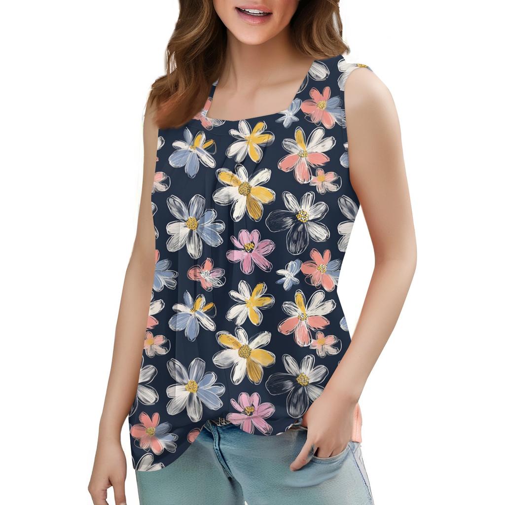Square Collar Tank Top Women Print Tank Tee Casual Loose Fit Sleeveless Shirt