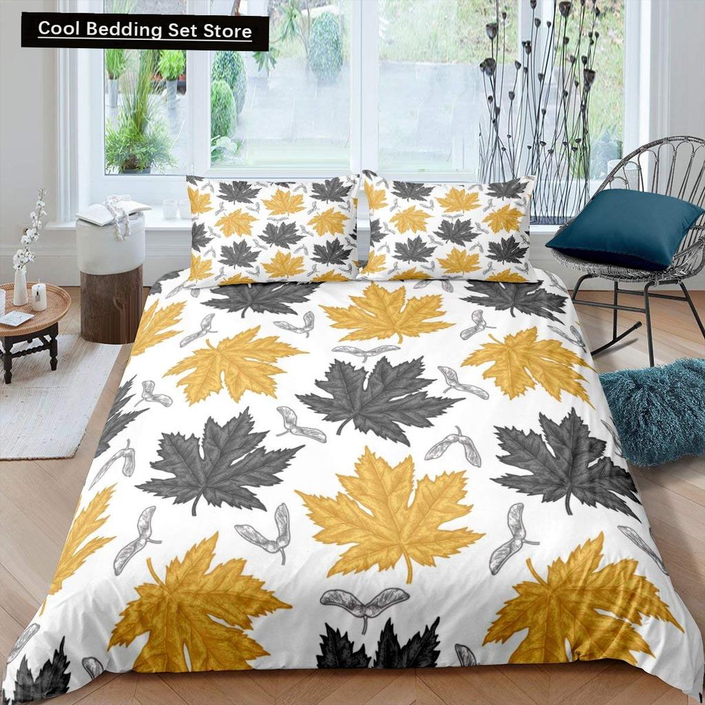 Autumn Tree Leaf King Queen Bedding Set Cartoon Botanical Duvet Cover Fallen Leaves Quilt Cover 2/3pcs Polyester Comforter Cover