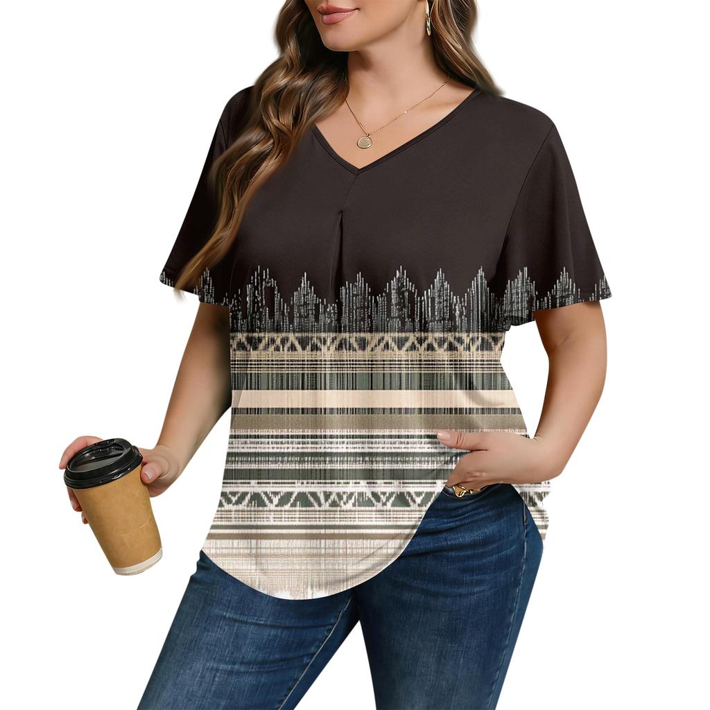 Women's Plus Size Fashionable Casual Loose-Fit Short Sleeve Elegant V Neck Blouse For Work